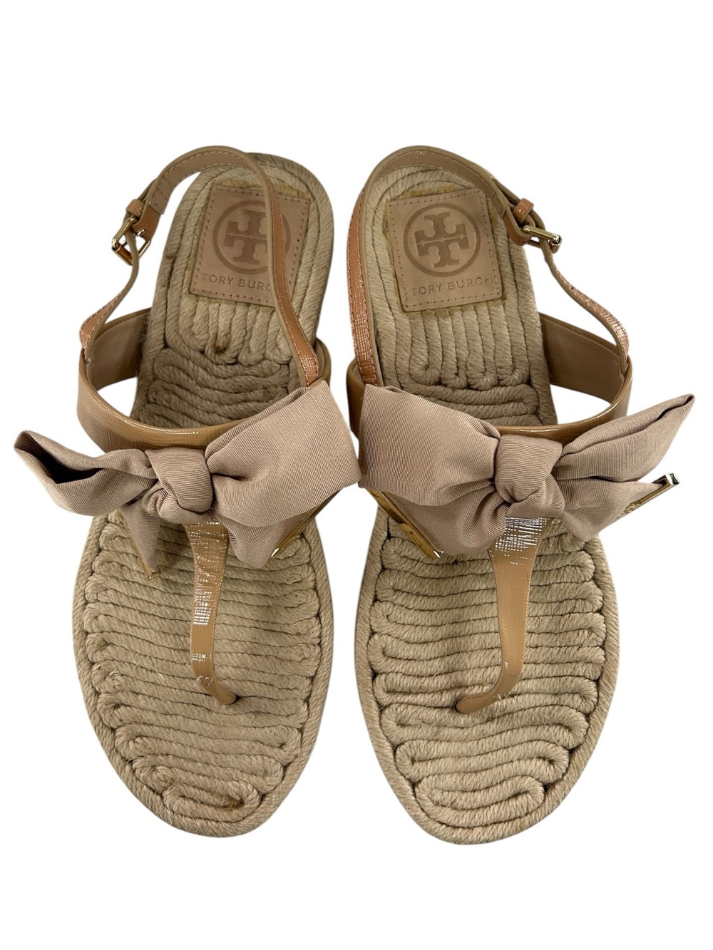 TORY BURCH Penny Flat Patent Leather + Fabric Thing Sandal 9